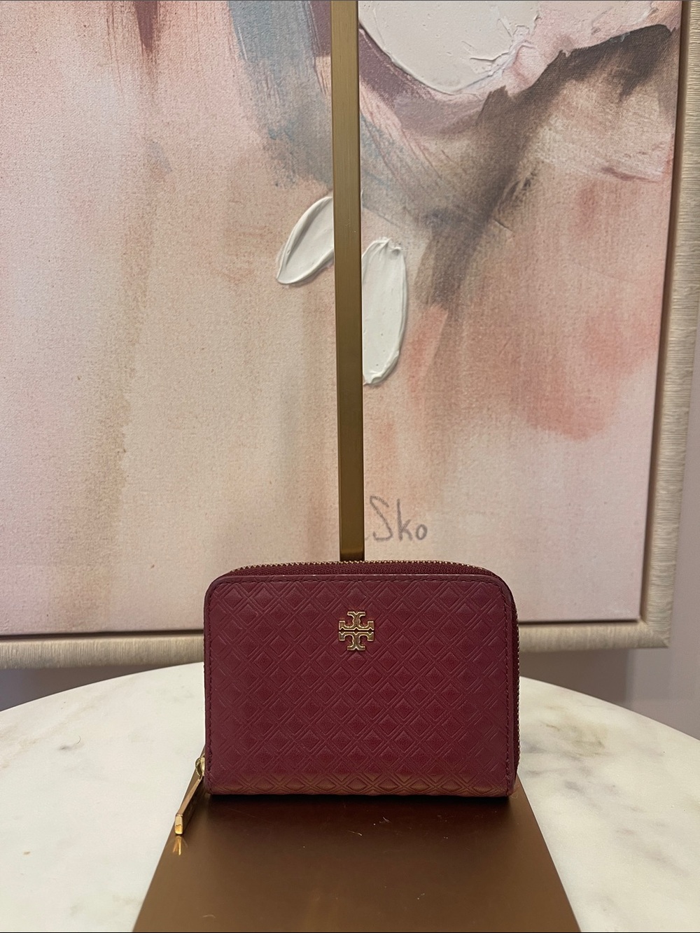 Tory Burch Quilted Zip-Around Wallet in Burgundy with Gold Logo